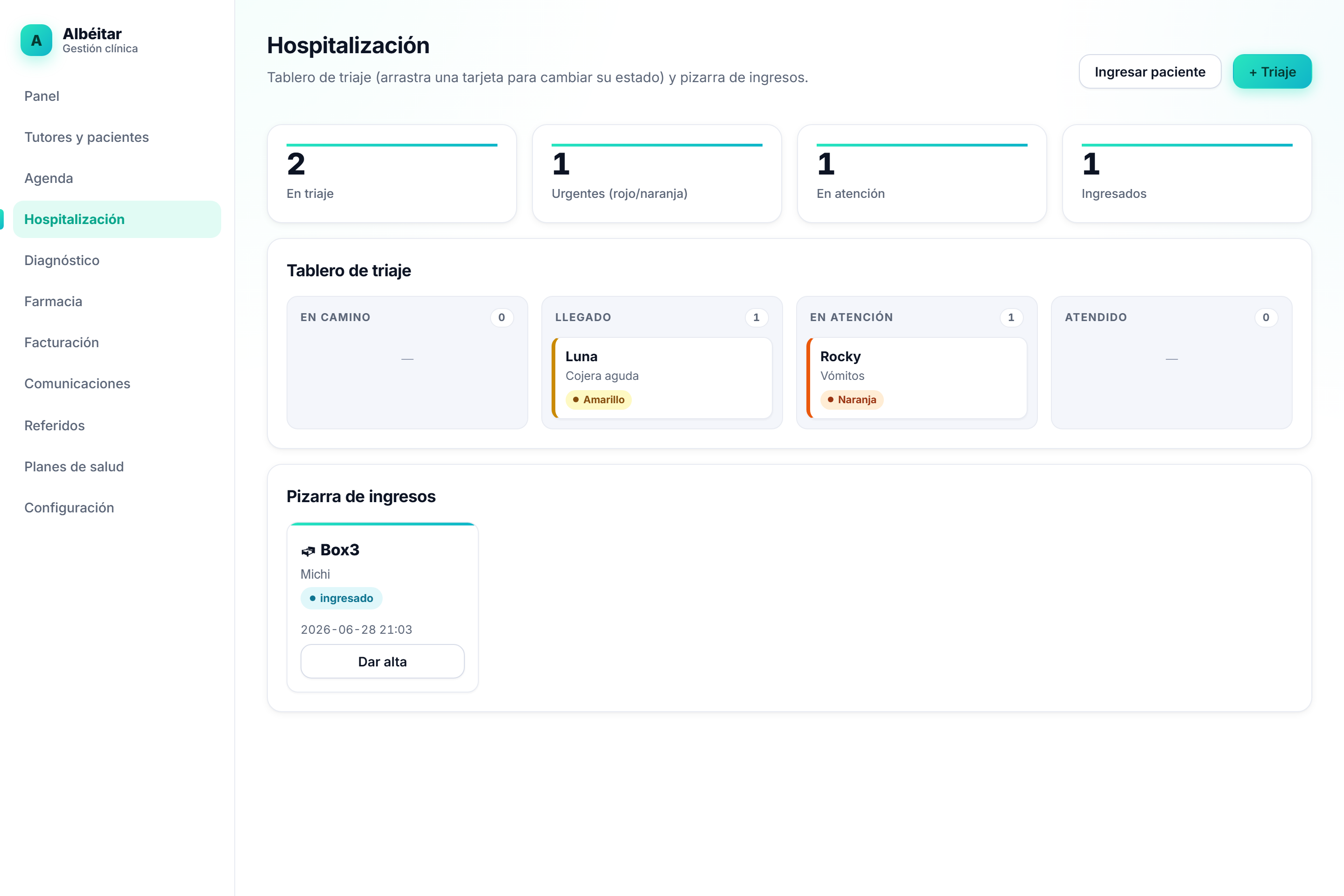 Tablero de triaje tipo kanban de Albéitar, con tarjetas de paciente por prioridad de color y pizarra de boxes ocupados.