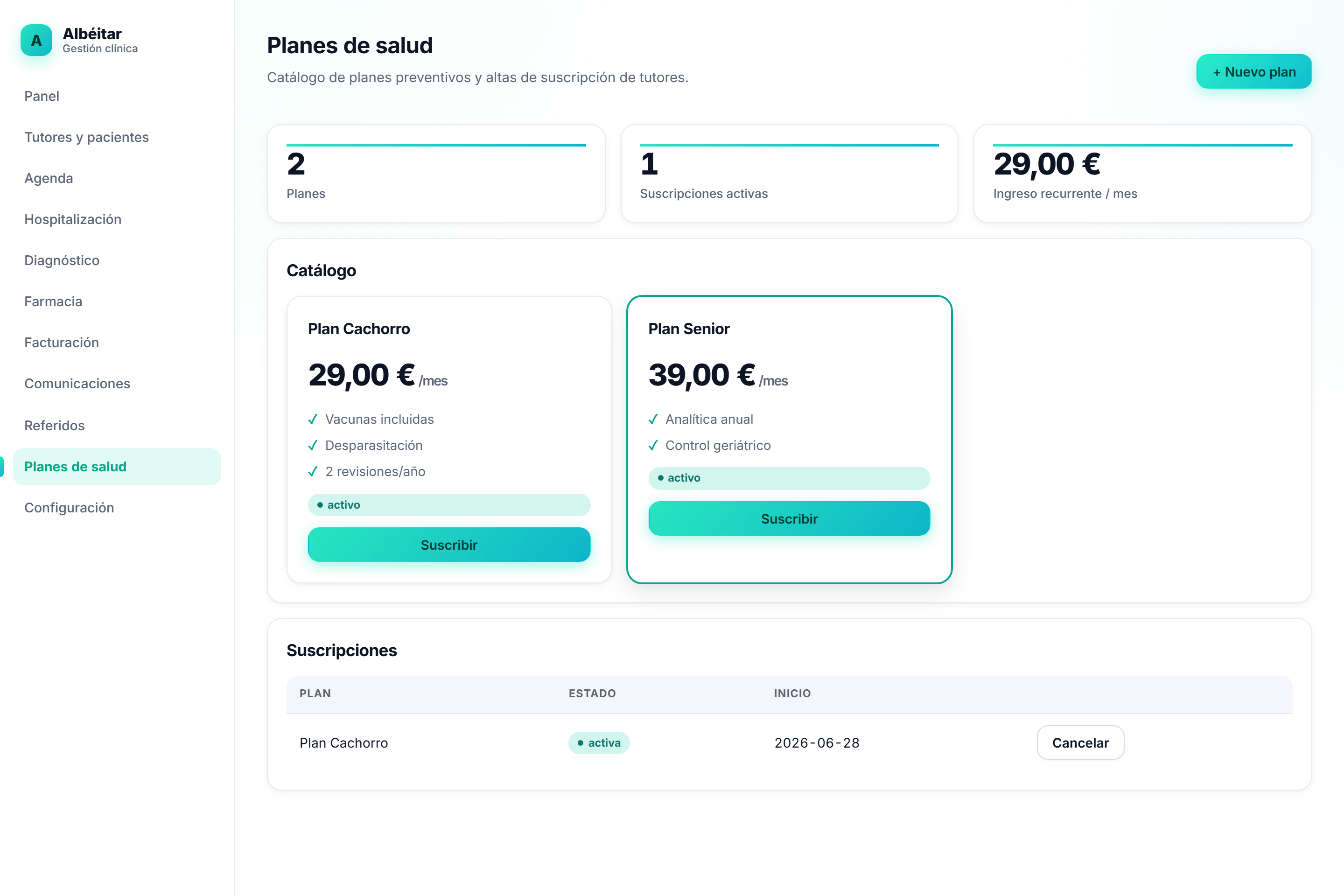 Catálogo de planes de salud preventivos de Albéitar presentados como tarjetas de precio y suscripciones.