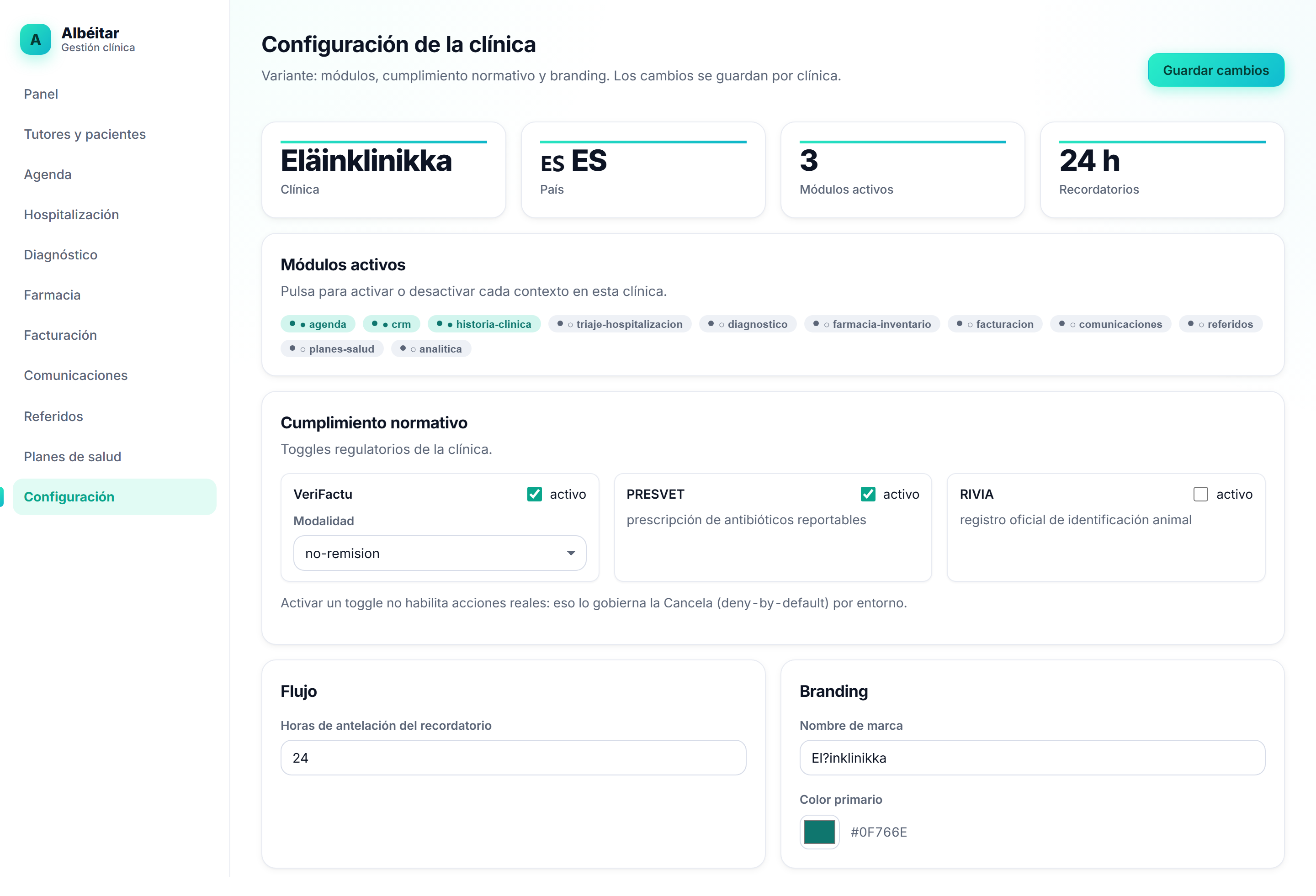 Pantalla de configuración por clínica de Albéitar: módulos, cumplimiento (VeriFactu, PRESVET, RIVIA) y branding.