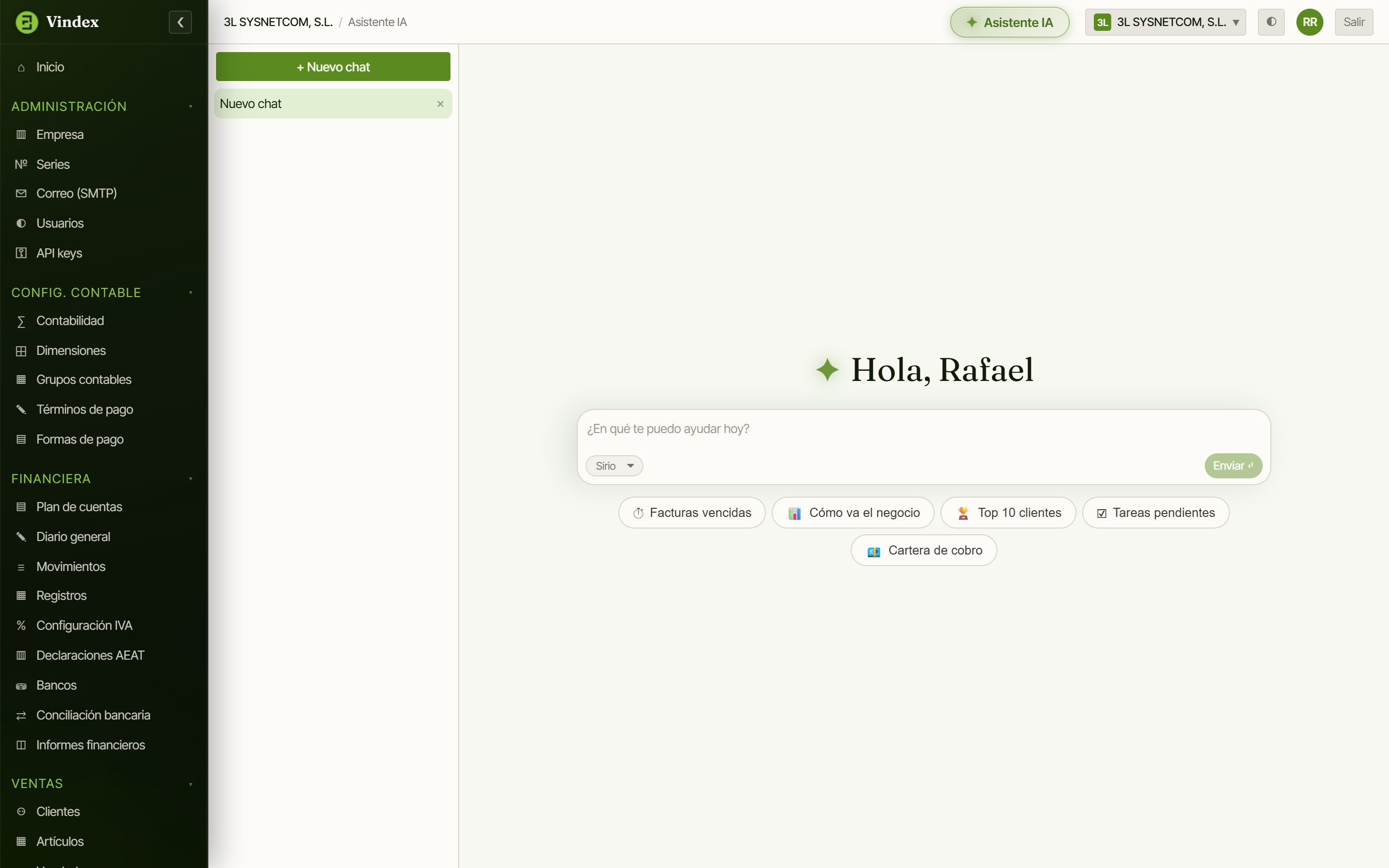 Pantalla de bienvenida del Asistente IA de Vindex, que saluda al usuario por su nombre y propone atajos a las preguntas más habituales.