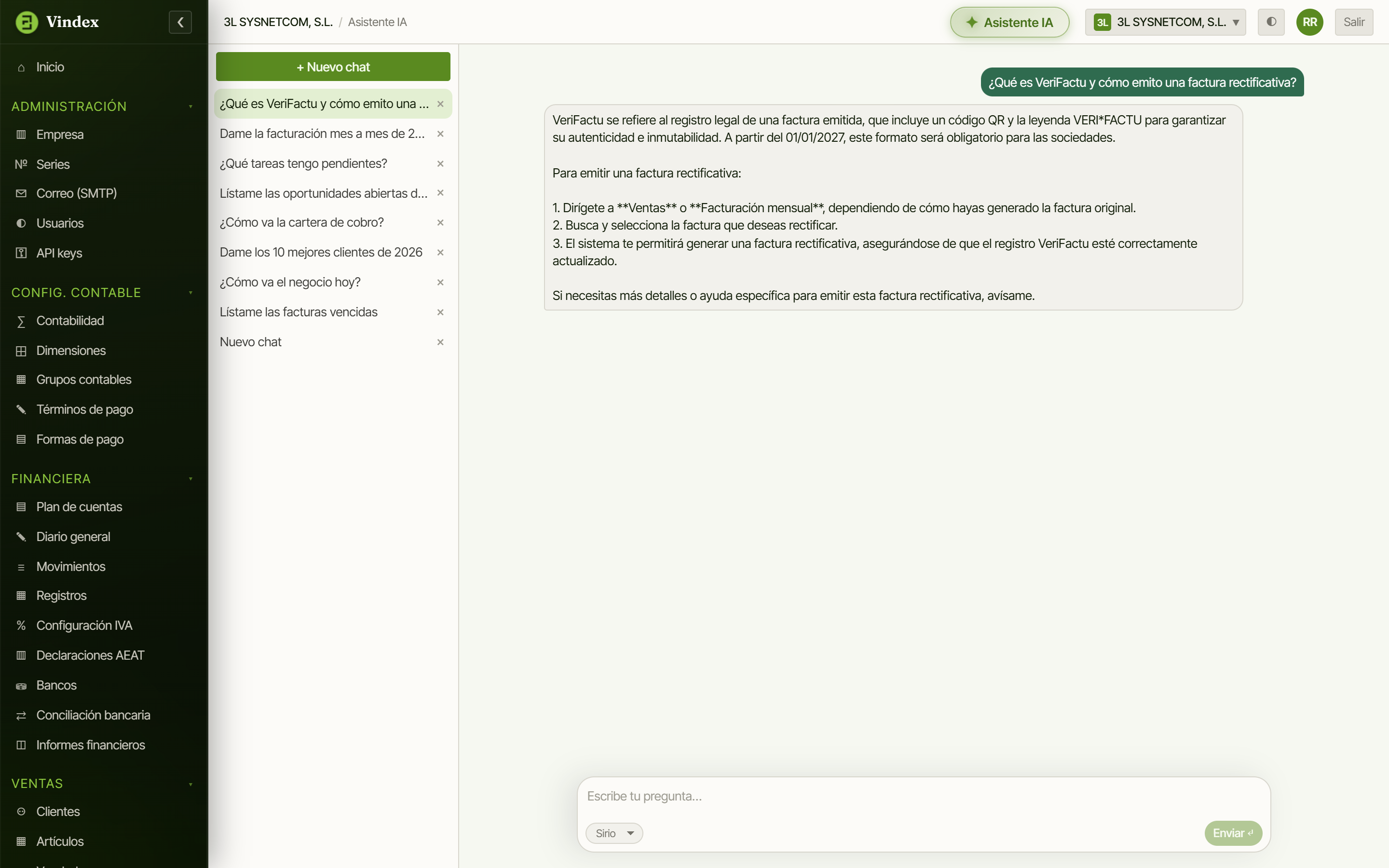 El Asistente resuelve una duda de uso sobre VeriFactu con la documentación del propio sistema.