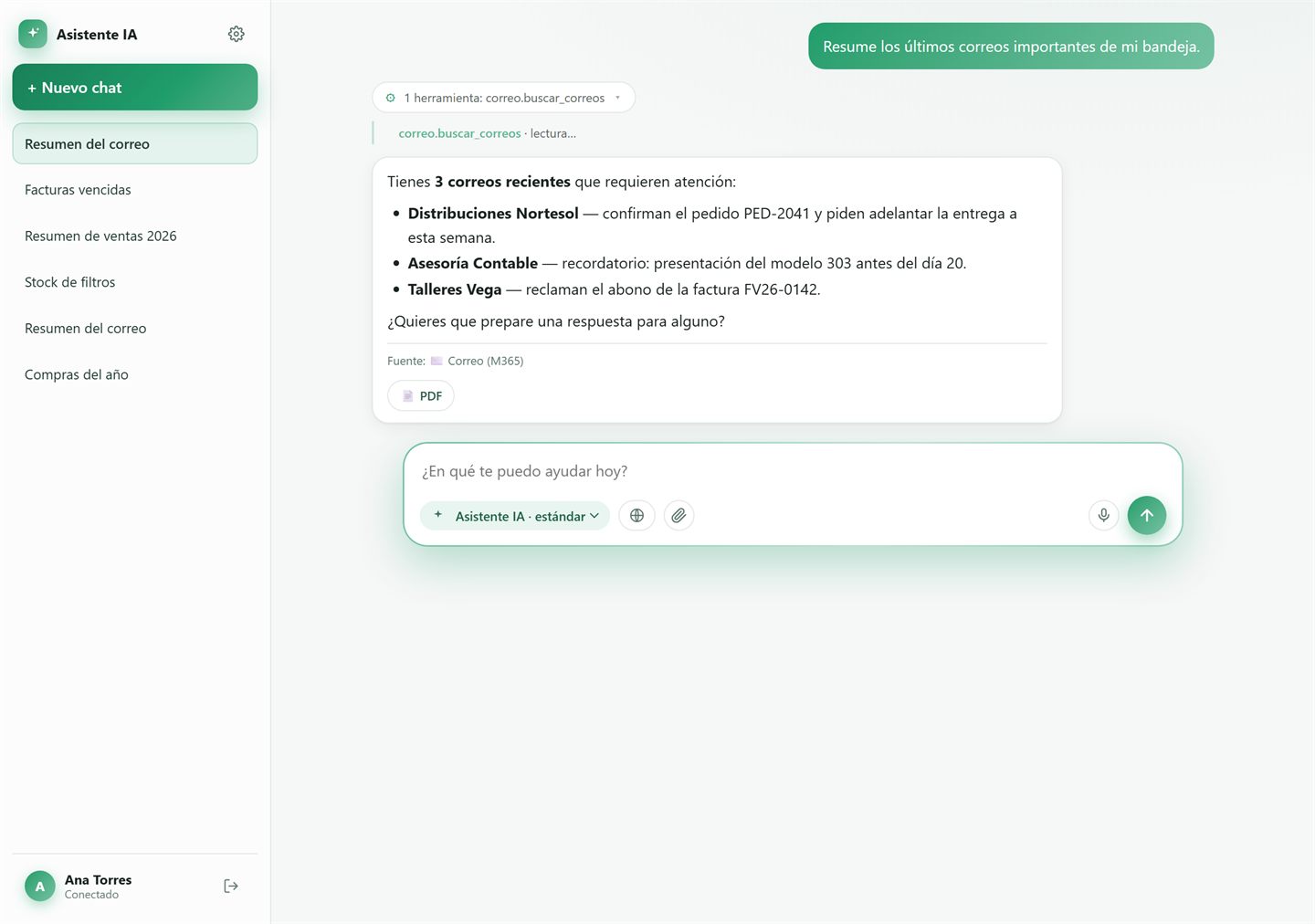 El Asistente resume los correos importantes de la bandeja de entrada mediante el conector de Microsoft 365.
