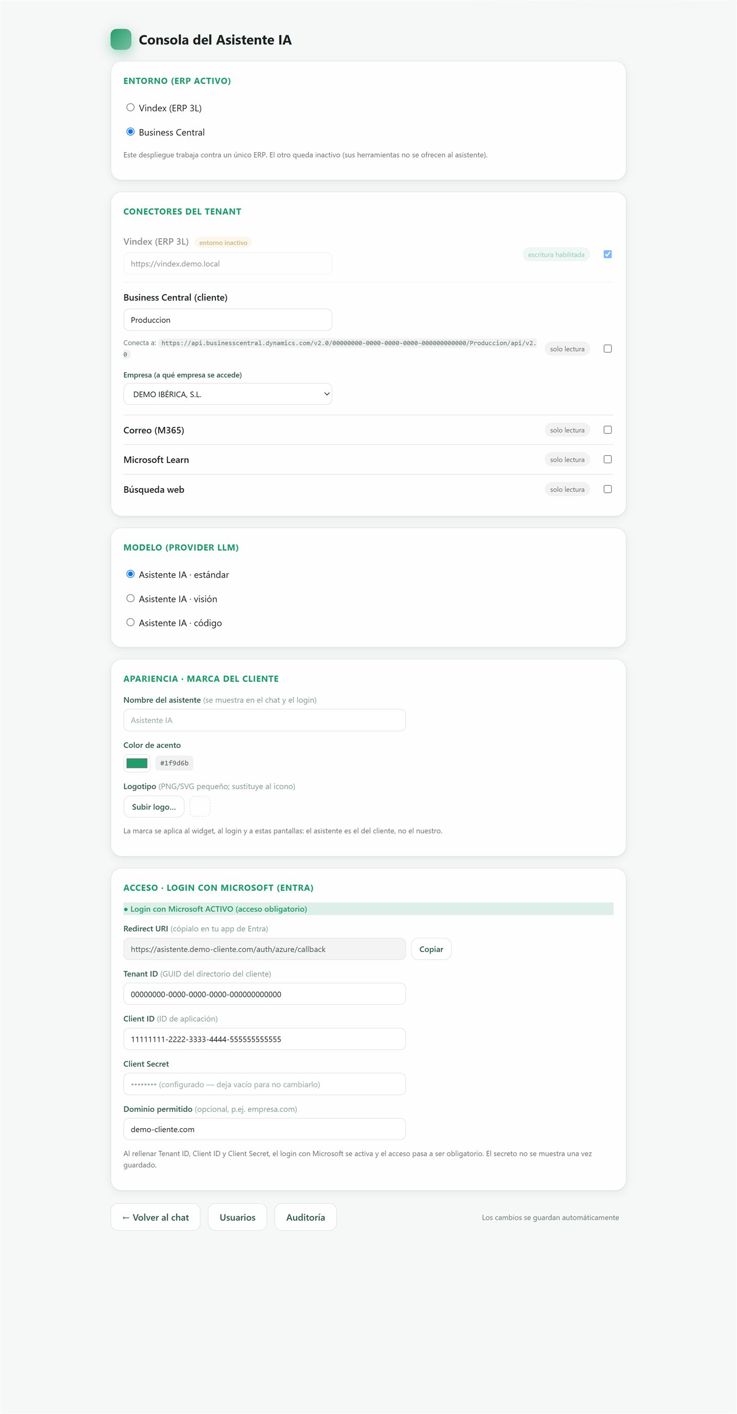 Consola de administración del Asistente IA: sistema activo, empresa, conectores, modelo de IA e inicio de sesión con Microsoft, configurables desde un panel.