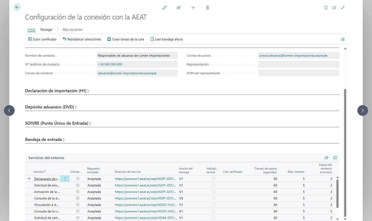 Configuración de la conexión con la AEAT en Business Central con la lista de servicios del entorno de pruebas: declaración de importación, anulación, activación y consulta, vinculación a depósito y su consulta, solicitud de certificado SOIVRE y lista y detalle de la bandeja de entrada, cada uno con el modo simulación marcado, la respuesta simulada, la dirección de preproducción y la versión del mensaje