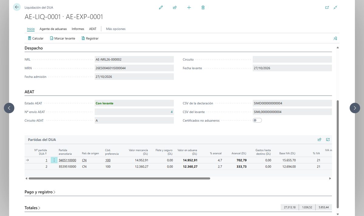 Liquidación del DUA en Business Central con el NRL, el MRN y la fecha de admisión y de levante que ha devuelto la AEAT, y debajo el grupo AEAT con el estado del envío, su número, el circuito A (amarillo, por los certificados SOIVRE que pidió), el CSV de la declaración y el del levante