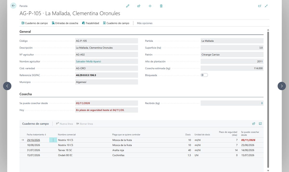 Ficha de una parcela en Business Central con su referencia SIGPAC y su variedad, en rojo la fecha desde la que se puede cosechar y el aviso de que está en plazo de seguridad, y debajo el cuaderno de campo con los tratamientos, el producto, la dosis y el plazo de cada uno