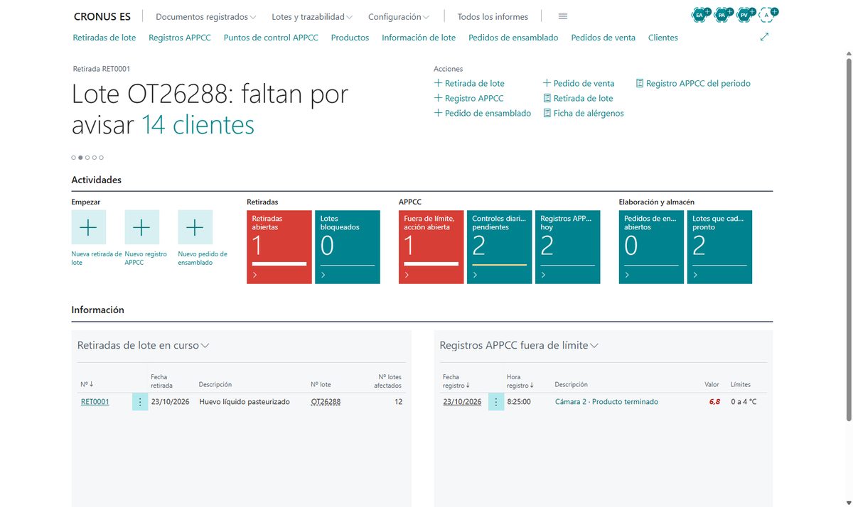 Pantalla de inicio del vertical de alimentación en Business Central con las retiradas de lote en curso, los registros APPCC fuera de límite y los controles del día