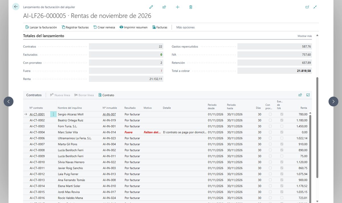 Lanzamiento de la facturación mensual del alquiler en Business Central con la renta, los gastos repercutidos, el IVA, las retenciones y el total a cobrar, y debajo los contratos con sus días, entre ellos una entrada prorrateada, y el que se queda fuera por no tener mandato SEPA