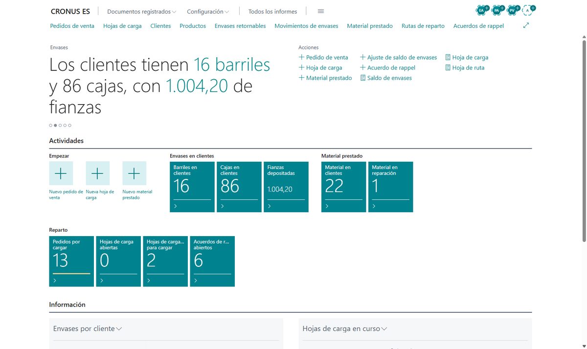 Pantalla de inicio del vertical de bebidas en Business Central con los barriles y cajas en los bares, las fianzas depositadas, el material prestado y las hojas de carga en curso