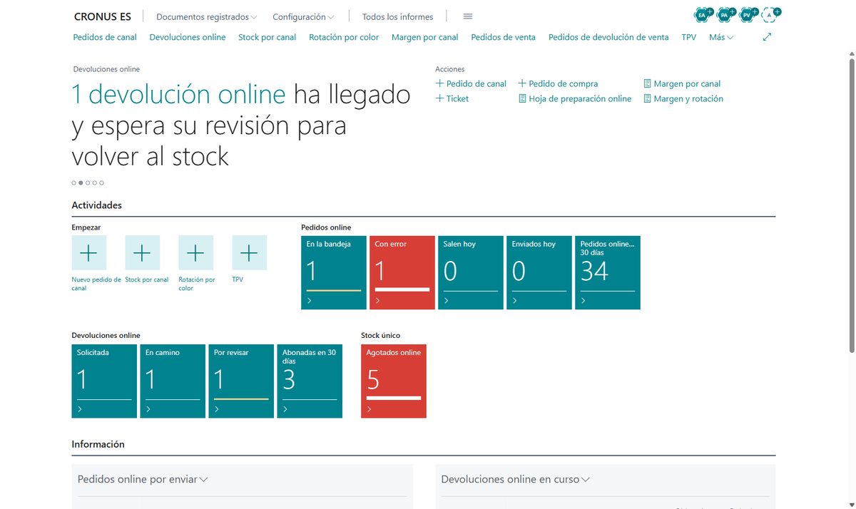 Pantalla de inicio del vertical de bolsos y complementos en Business Central con los pedidos online en la bandeja, con error y por enviar, las devoluciones online solicitadas, en camino y por revisar, y los pedidos y devoluciones en curso