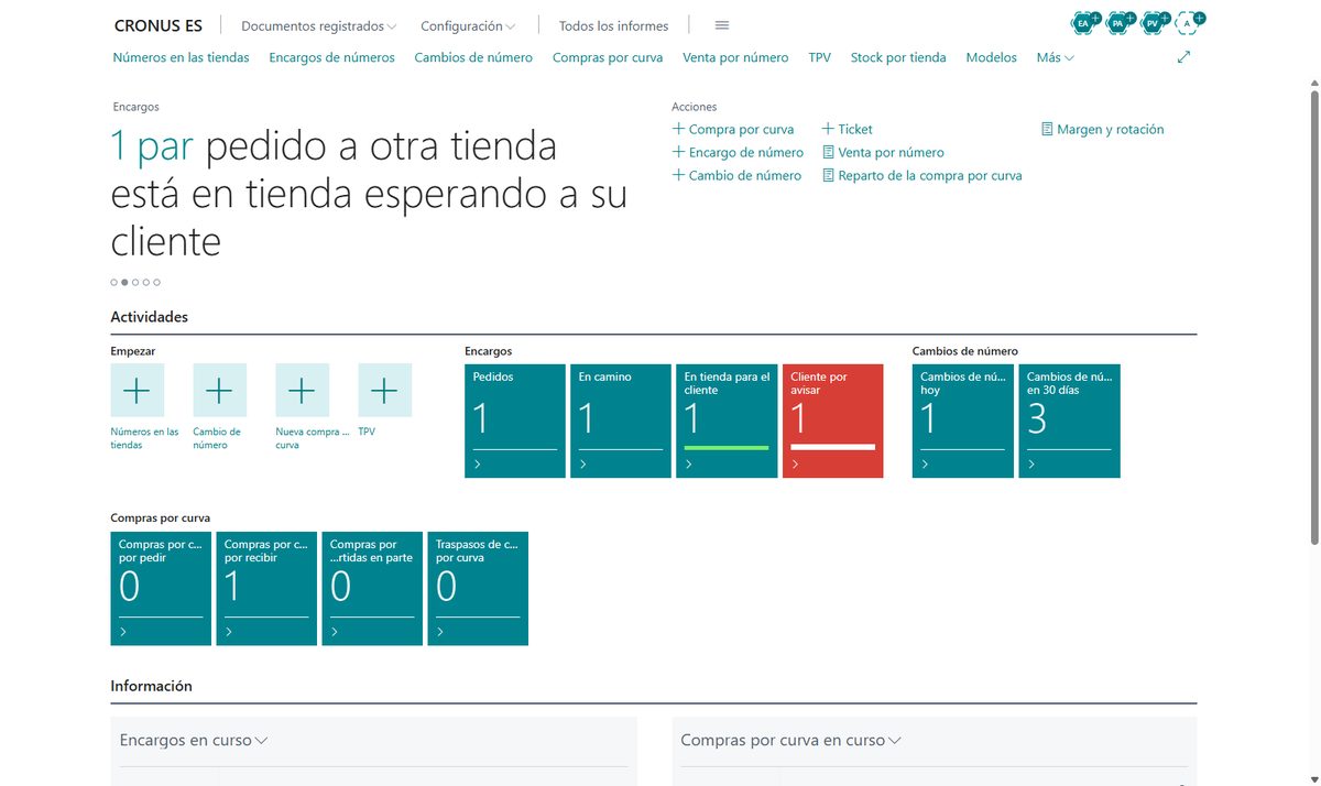 Pantalla de inicio del vertical de calzado en Business Central con los encargos de números pedidos, en camino y en tienda, los cambios de número, las compras por curva por recibir y los encargos en curso