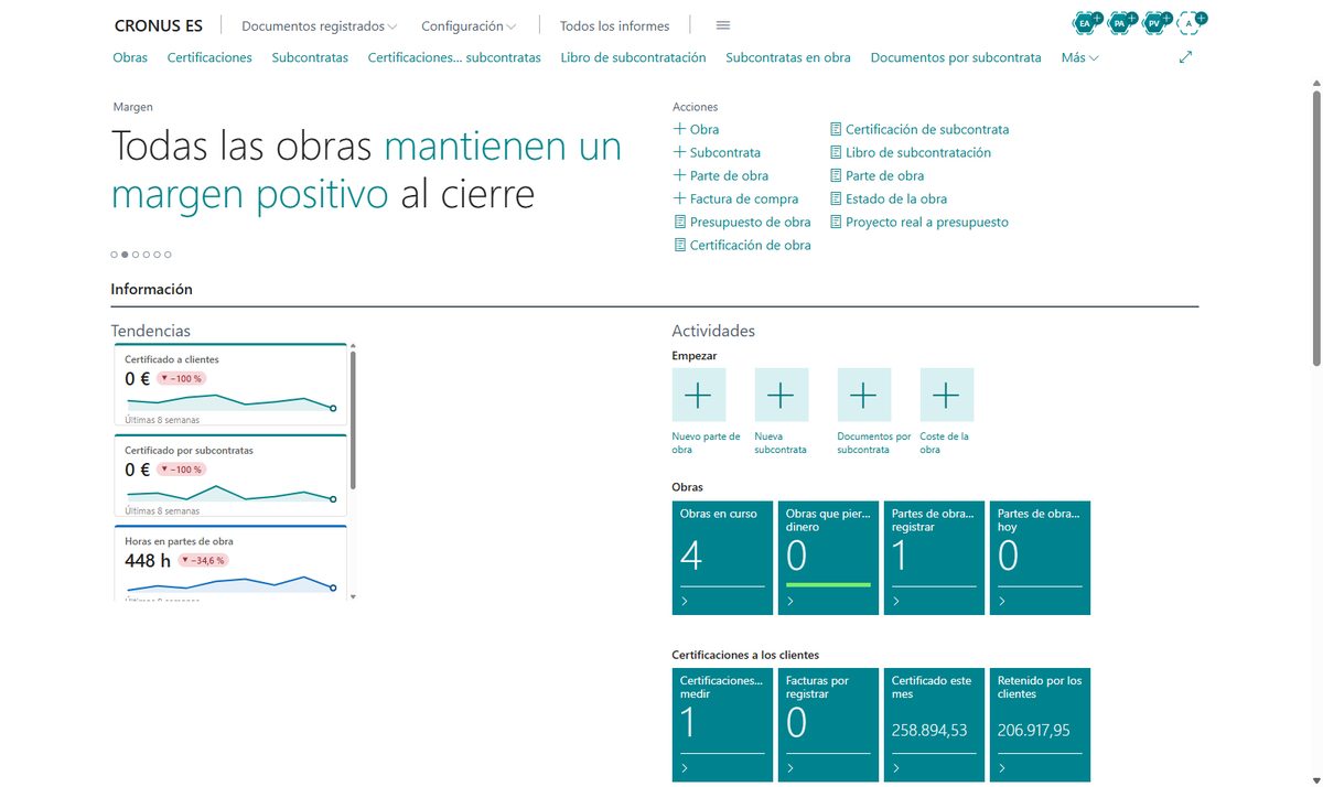 Pantalla de inicio del vertical de construcción en Business Central con el titular del margen de las obras, el panel de tendencias y las pilas de obras y de certificaciones: las certificaciones por medir, lo certificado este mes y lo retenido por los clientes