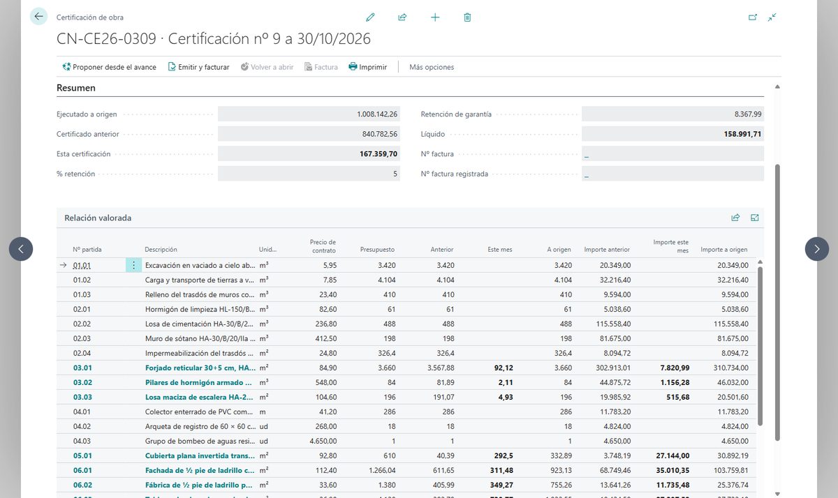 Certificación mensual de obra en Business Central con lo ejecutado a origen, lo certificado antes, esta certificación, la retención de garantía y el líquido, y la relación valorada con lo anterior, lo del mes y lo de a origen de cada partida