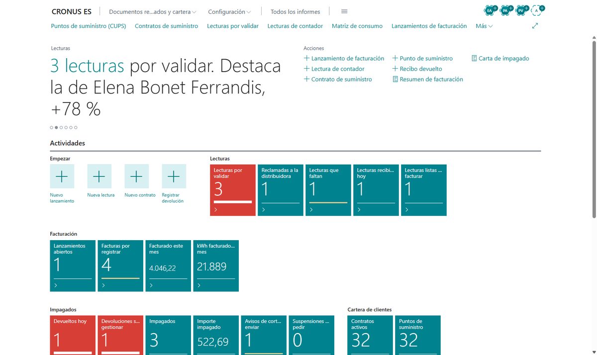 Pantalla de inicio del vertical de energía en Business Central con las lecturas por validar, la facturación del mes, los recibos devueltos y los impagados en gestión