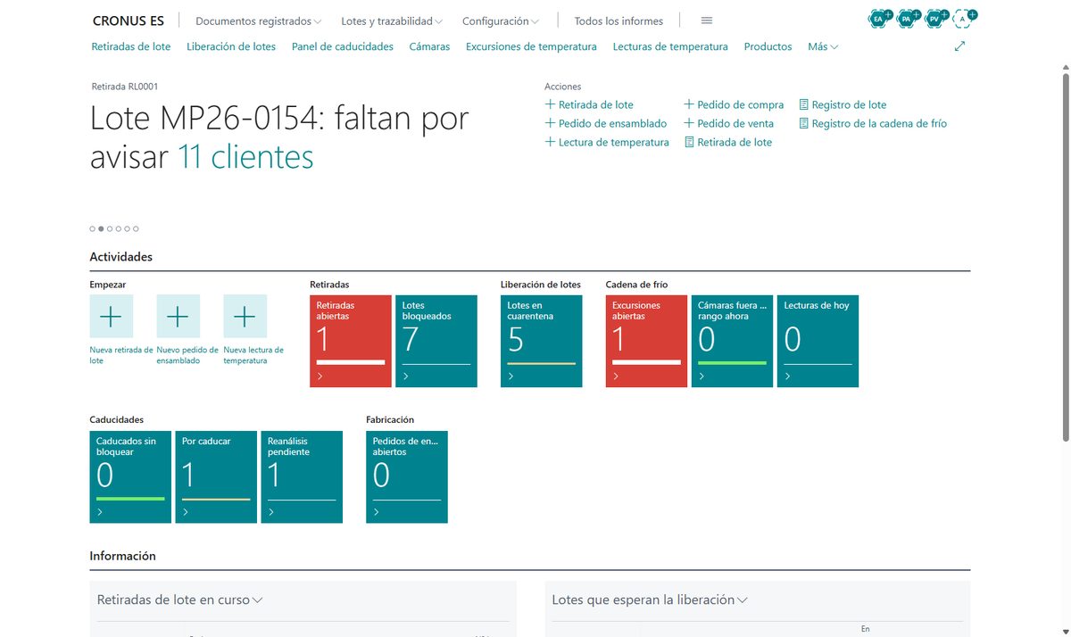 Pantalla de inicio del vertical de farmacia en Business Central con la retirada de lote en curso, los lotes en cuarentena, las excursiones de temperatura abiertas y las caducidades