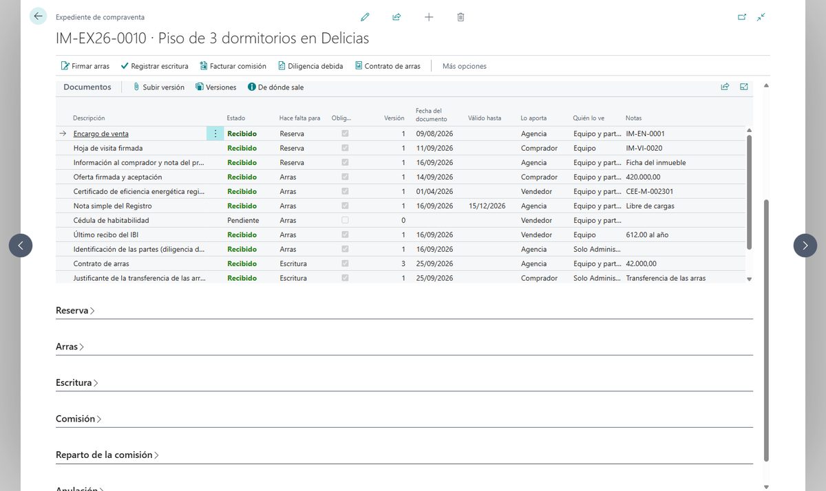 Expediente de una compraventa en Business Central con la lista de documentos, su estado, para qué paso hacen falta, su versión, su vigencia y quién los aporta y quién los ve: encargo, hoja de visita, certificado energético, nota simple, identificación de las partes, contrato de arras en su versión 3 y la cédula de habitabilidad pendiente