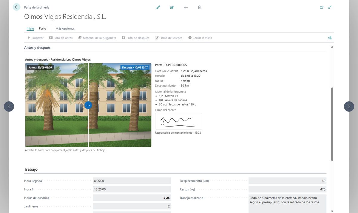 Parte de jardinería en Business Central de la poda de tres palmeras de una residencia: el comparador con la foto de antes, con las hojas secas colgando, y la de después, con las palmeras limpias, y al lado las horas del equipo de poda, los kilos de restos, el material de la furgoneta y la firma del cliente