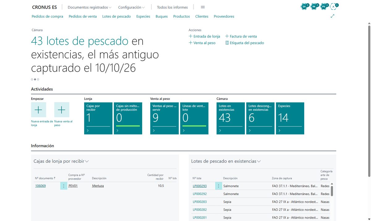 Pantalla de inicio del vertical de pescaderías en Business Central con las cajas de lonja por recibir, la venta al peso por servir y los lotes de pescado en cámara
