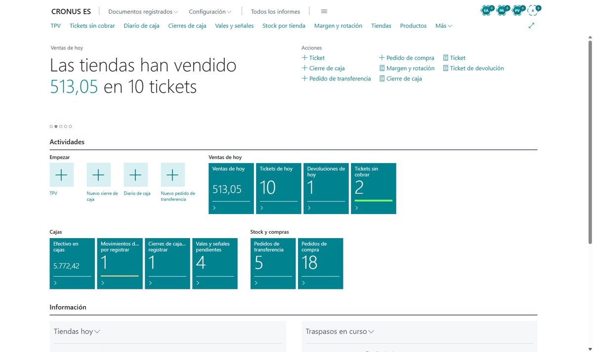 Pantalla de inicio del vertical de comercio y TPV en Business Central con las ventas de hoy de cada tienda, el efectivo de las cajas, los cierres por registrar y los traspasos en curso
