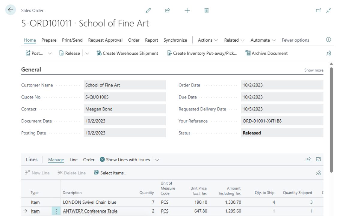 Pedido de venta en Microsoft Dynamics 365 Business Central: cliente, fechas, estado y líneas con producto, cantidad, precio e importe (captura oficial de Microsoft, interfaz en inglés)