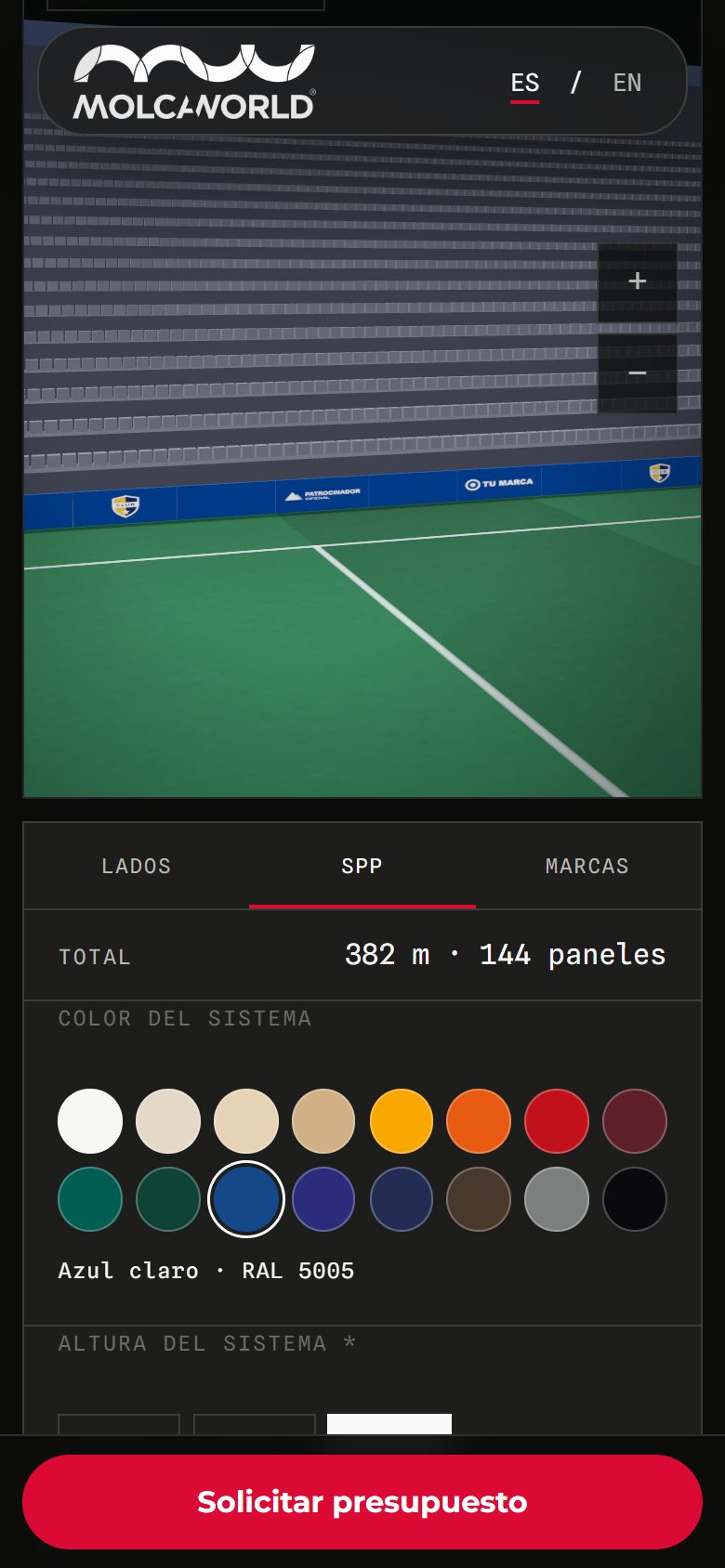 Opciones del configurador en el móvil, con el total de metros y paneles y la carta de colores