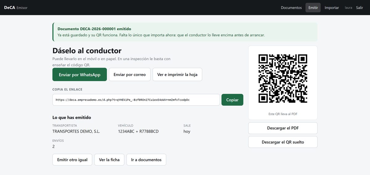 Pantalla posterior a la emisión con el código QR y los botones para enviar el documento al conductor