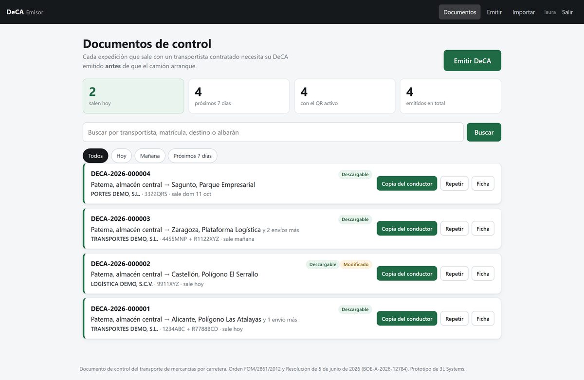 Panel del emisor DeCA con las expediciones del día, el estado de cada documento y el acceso a la copia del conductor