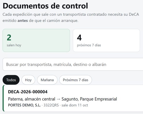 Panel del emisor DeCA: los documentos de control que salen hoy y los de los próximos siete días