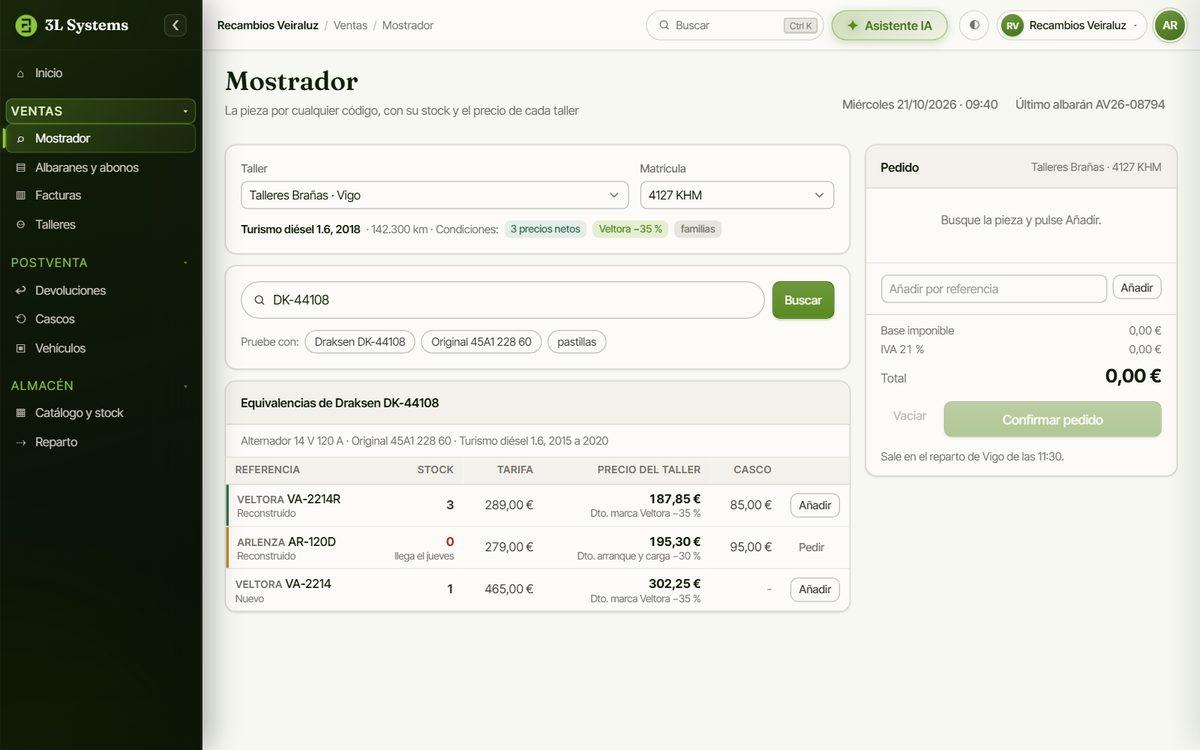 Mostrador de la demo con un alternador buscado por el código de otra marca y sus tres equivalencias, cada una con su stock, la referencia original y el precio del taller con su descuento