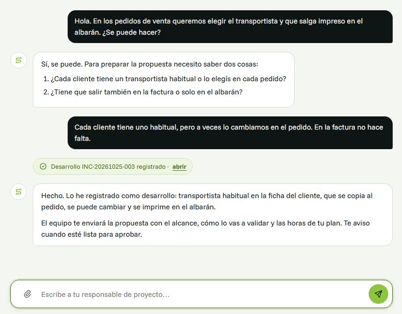 Conversación con el responsable de proyecto de SoportIA: el cliente pide el transportista en los pedidos de venta, el responsable le pregunta dos detalles y registra el desarrollo.