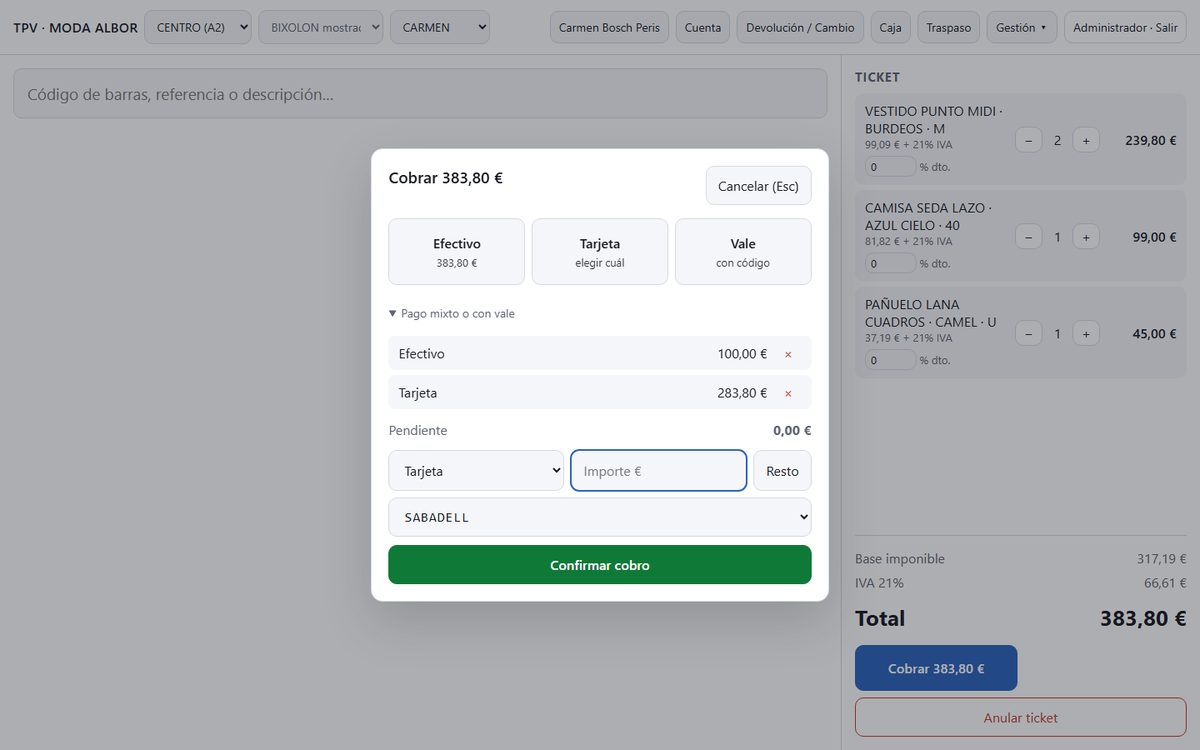 Cobro con varios medios a la vez: efectivo, vale y tarjeta, diciendo con qué banco.