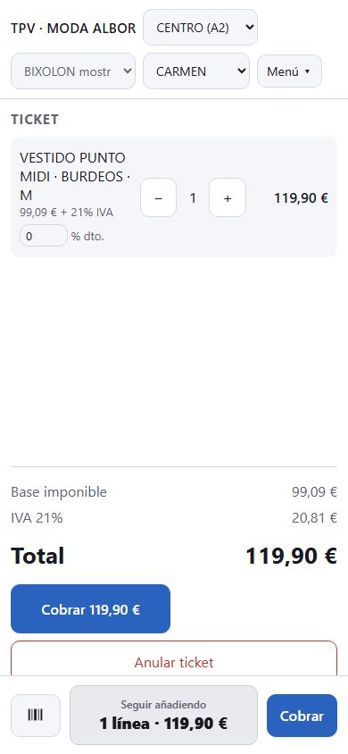 El TPV en el móvil, con la misma búsqueda y el mismo ticket.