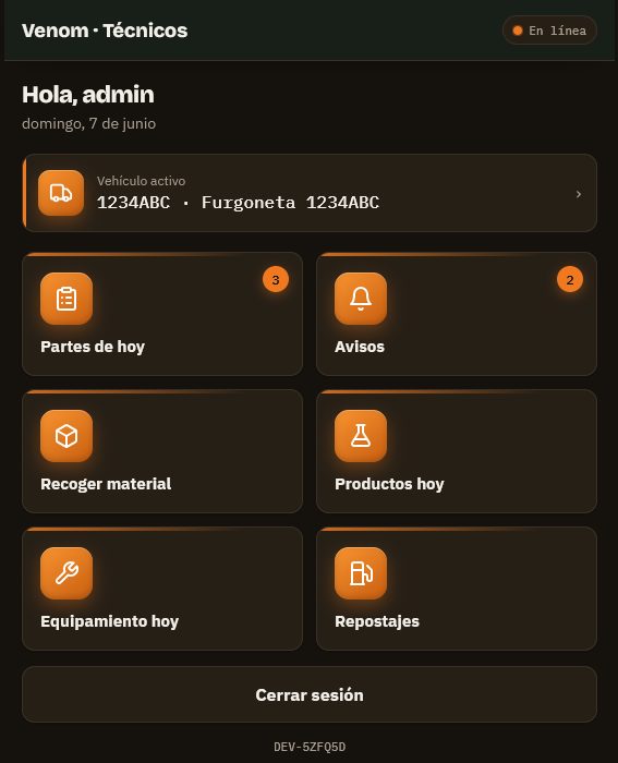 Inicio de la app de Venom con la agenda de servicios del técnico