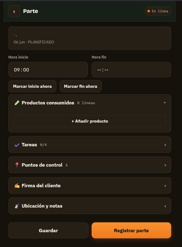 Parte de servicio en la app de Venom con productos, puntos de control y firma