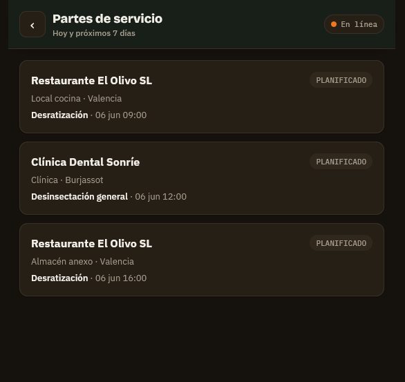 Listado de partes de trabajo en la app de Venom
