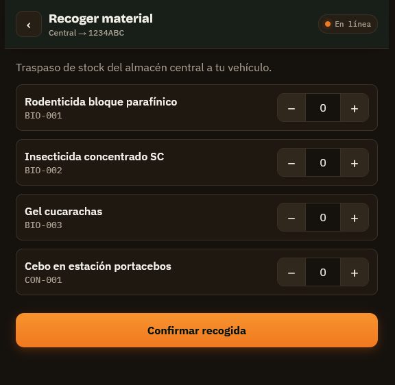 Pantalla de recogida de material en la app de Venom, furgoneta como almacén