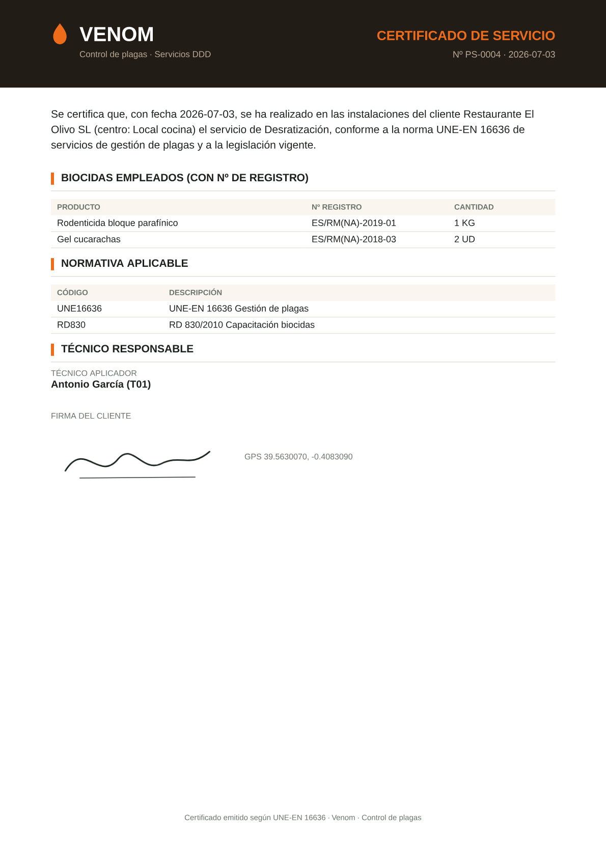 Certificado de servicio en PDF generado por Venom conforme a la norma UNE-EN 16636, con los biocidas empleados y sus números de registro, la normativa aplicable y el técnico responsable.