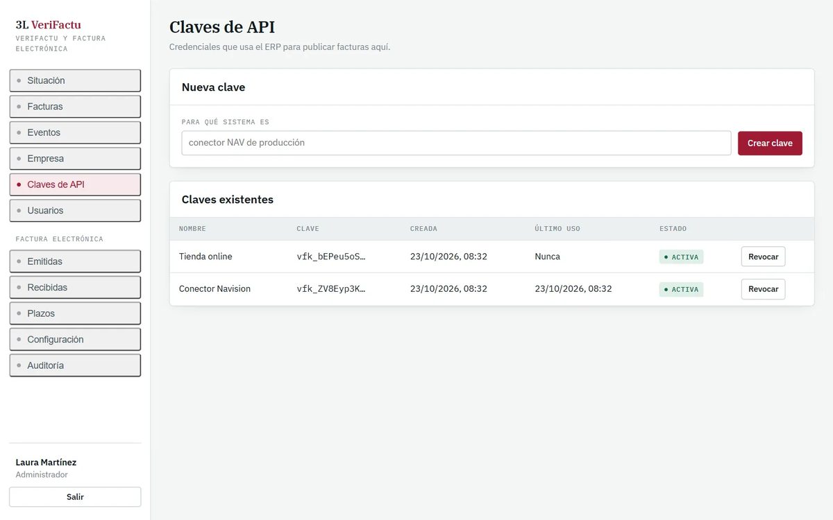 Pantalla de claves de API: una clave por sistema que publica facturas (conector de Navision, tienda online), con su fecha de creación, último uso y estado, revocables en cualquier momento.