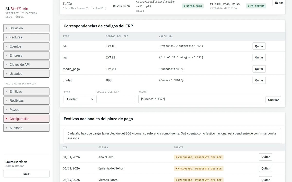 Correspondencias entre los códigos del ERP y los de la factura electrónica: unidades, grupos de IVA y medios de pago, y la tabla de festivos nacionales que usa el cálculo de plazos.