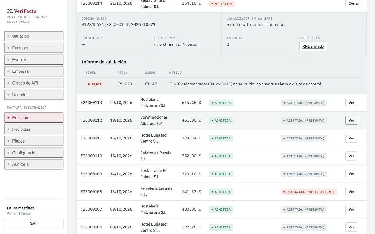 Factura electrónica marcada como no válida, con su informe de validación: error ES-020 en el campo BT-47, el NIF del comprador no es válido porque no cuadra su letra o dígito de control.