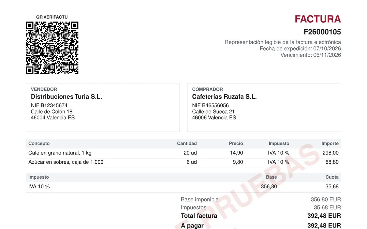 PDF de legibilidad de una factura electrónica: el QR de VeriFactu, el número y la fecha, el vendedor y el comprador, las líneas, el desglose del IVA y el total.