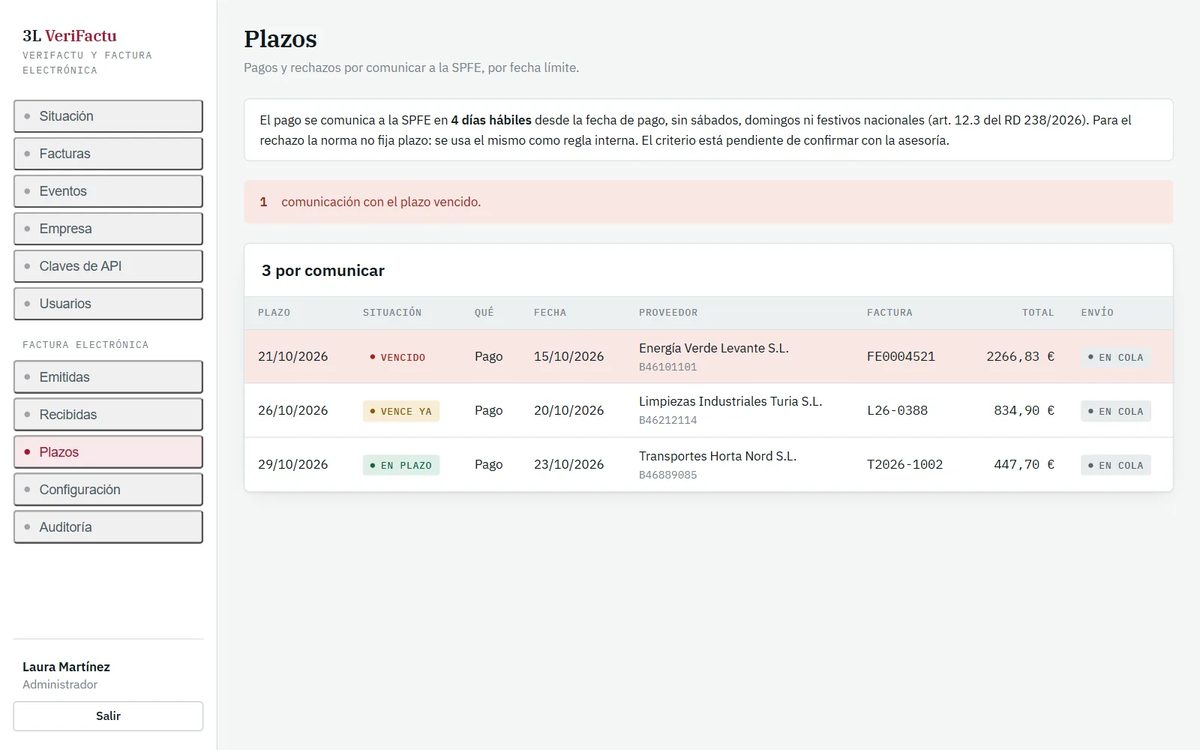 Pantalla de plazos: pagos por comunicar ordenados por fecha límite, uno vencido en rojo, uno que vence ya en ámbar y otro en plazo, con el proveedor, la factura y el total.