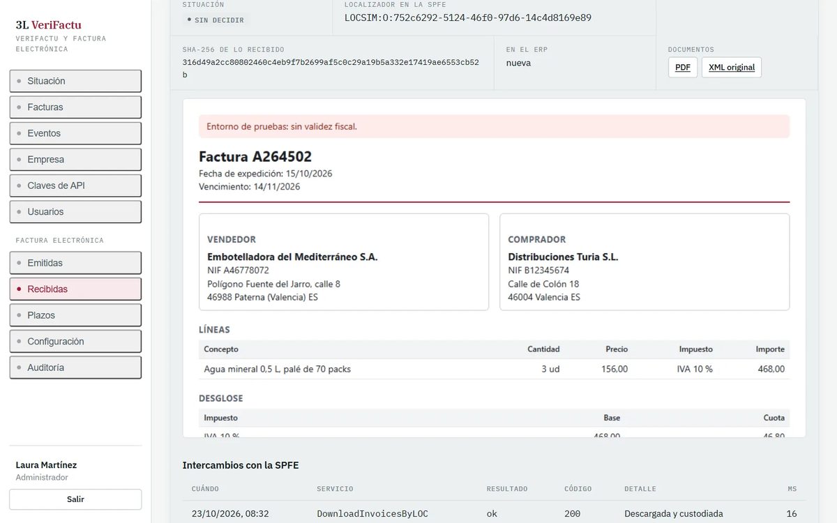 Detalle de una factura recibida: su localizador, la huella SHA-256 de lo recibido, el estado en el ERP, los enlaces al PDF y al XML original, y la factura legible con vendedor, comprador, líneas y desglose.