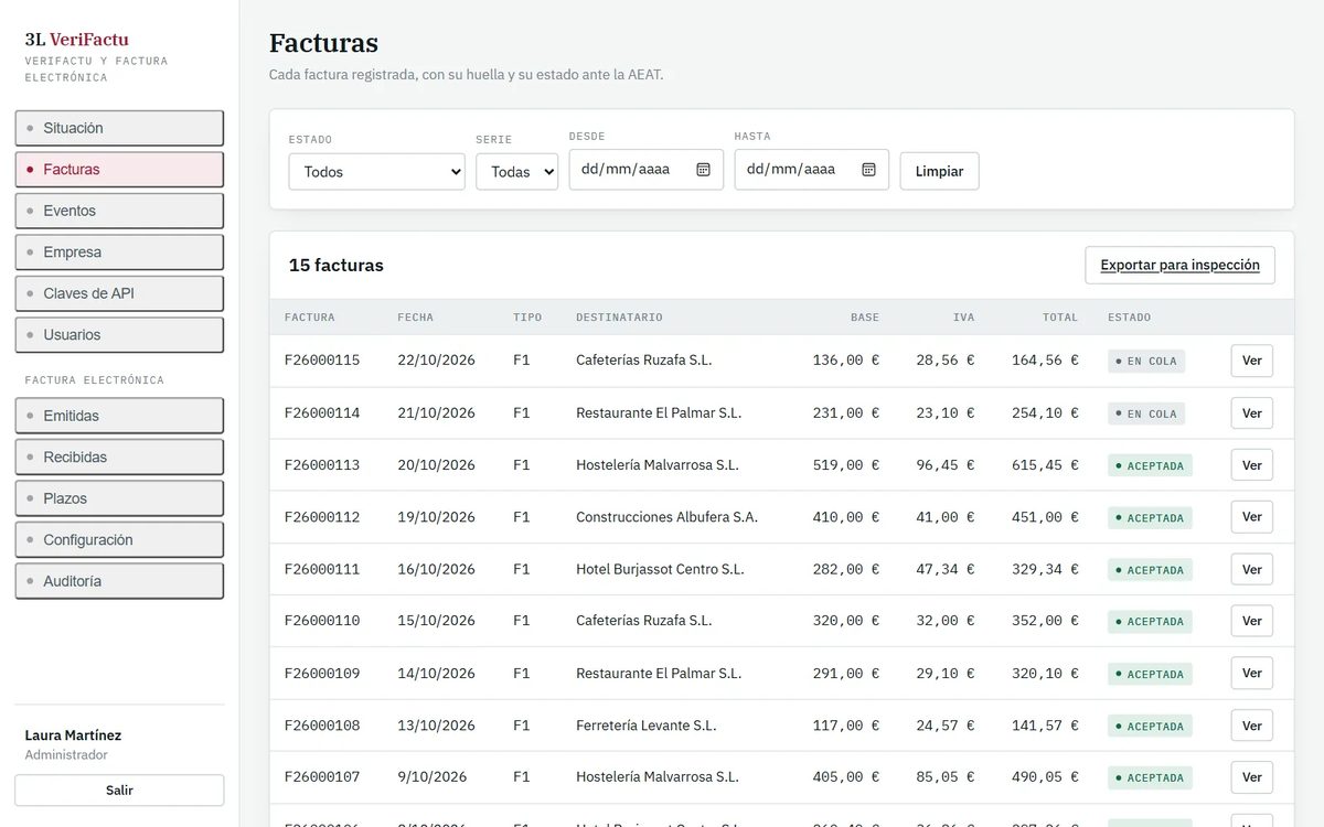 Listado de facturas registradas con su fecha, tipo, destinatario, base, IVA, total y estado ante la AEAT, con filtros y el botón de exportar para inspección.