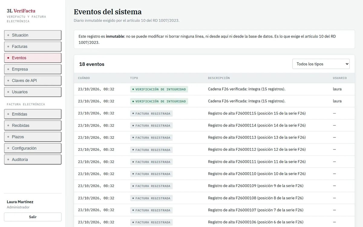 Registro de eventos del sistema: verificaciones de integridad y altas de registros, con fecha, tipo, descripción y usuario. Es inmutable.