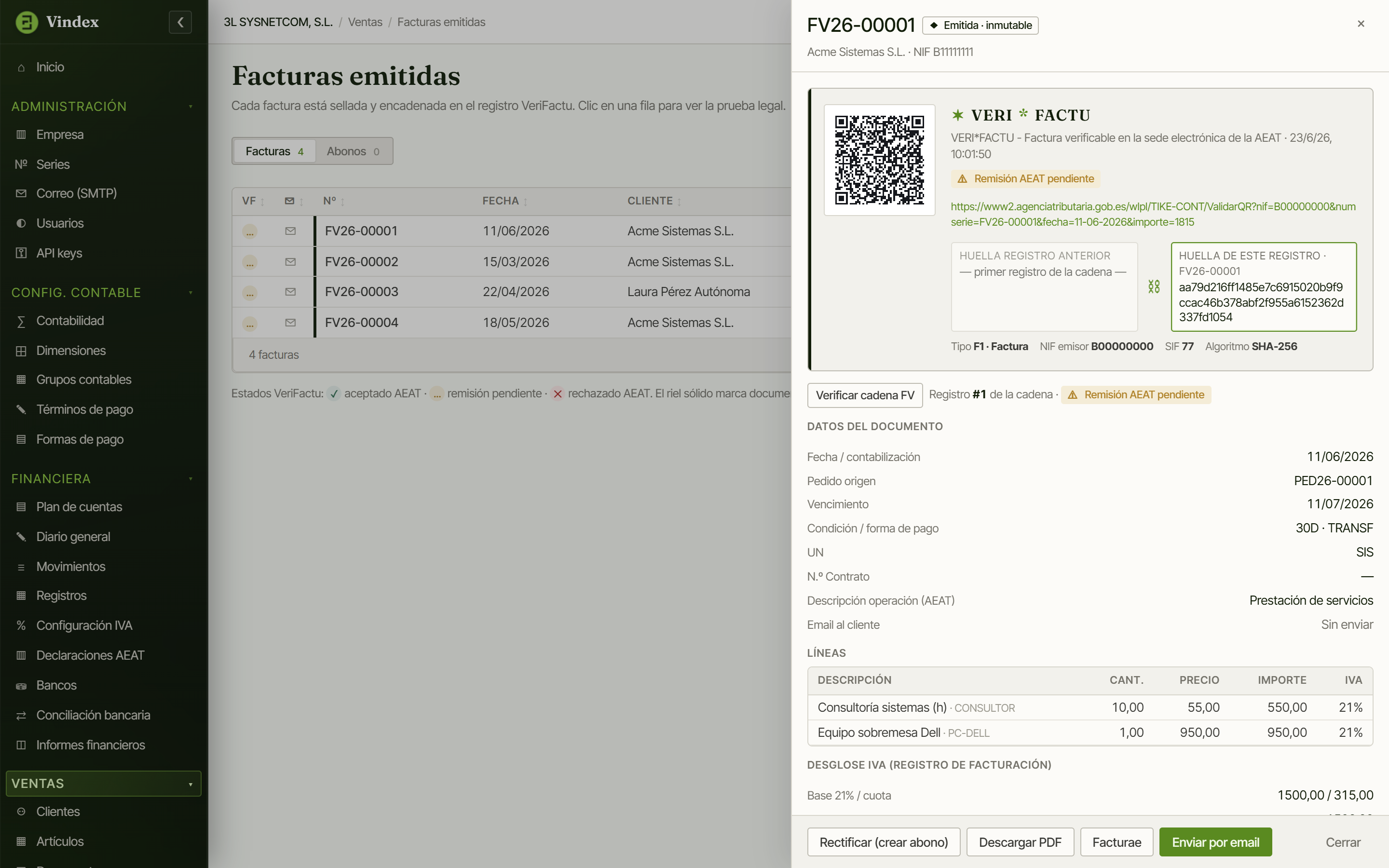 Factura emitida con nuestra solución, con su código QR, la leyenda VERI*FACTU, la cadena de huellas SHA-256 (la del registro anterior y la propia) y el desglose de IVA.