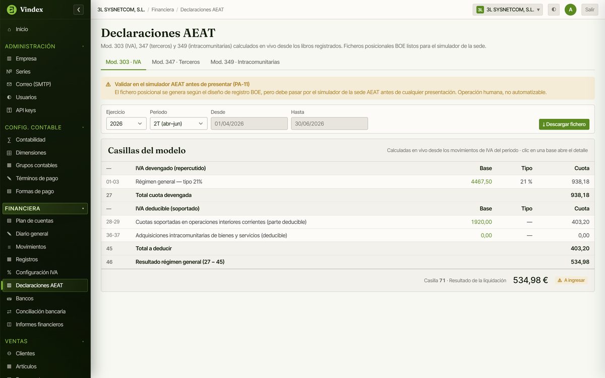 Pantalla de nuestra solución con los modelos de la AEAT 303, 347 y 349 calculados en vivo a partir de los apuntes contables, sin volver a teclear datos.