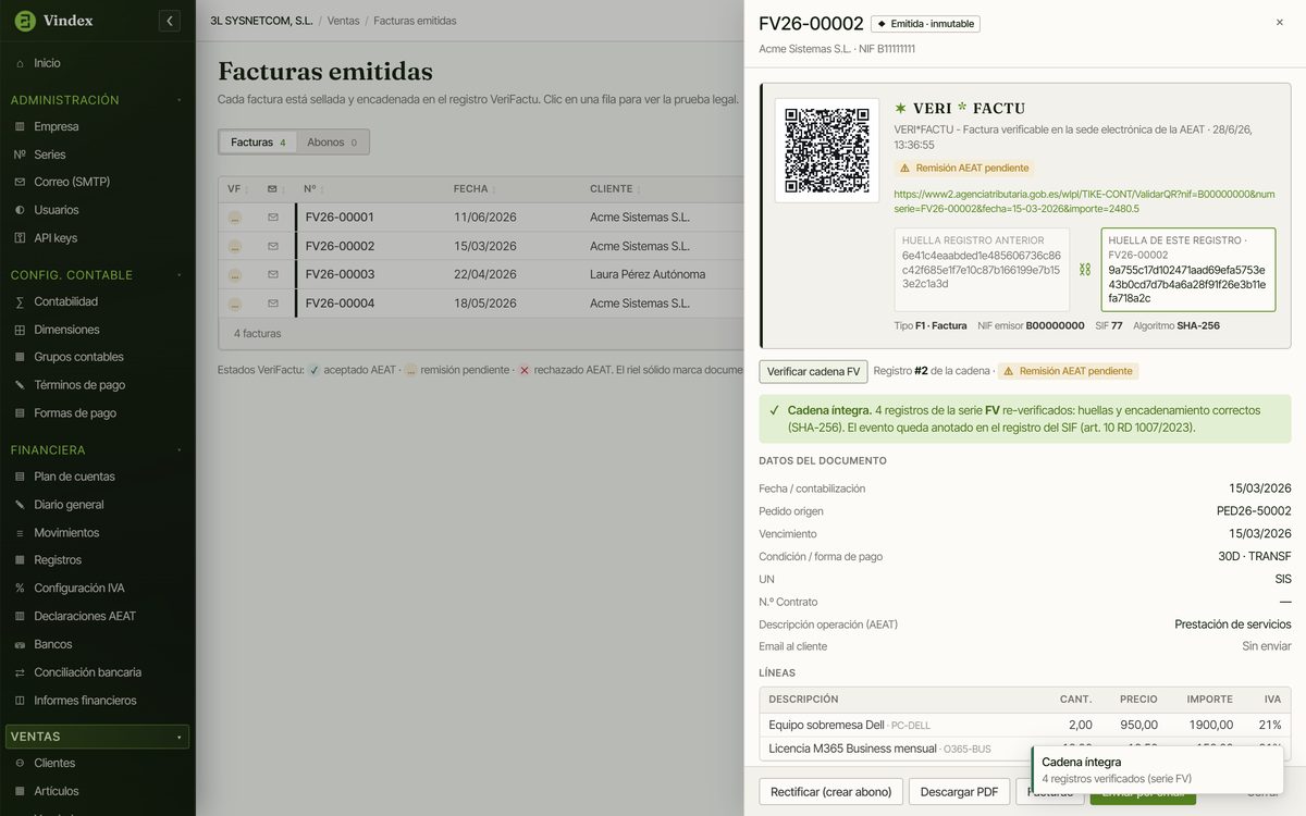 Pantalla de nuestra solución verificando la cadena de huellas: el sistema recomputa todas las huellas de la serie, confirma que el encadenamiento SHA-256 es íntegro y anota el evento en el registro del SIF.