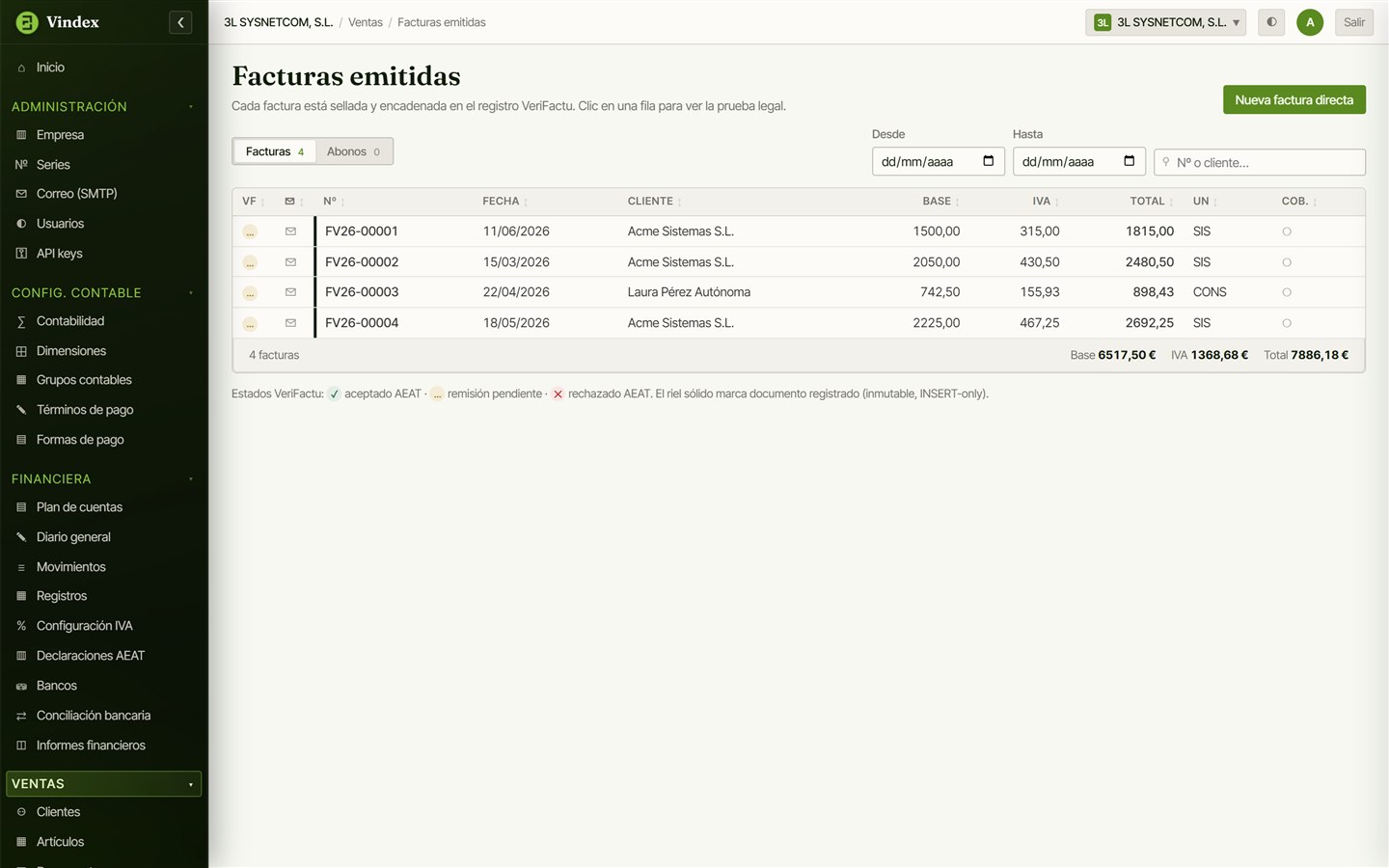 Listado de facturas emitidas en Vindex, cada una sellada y verificable