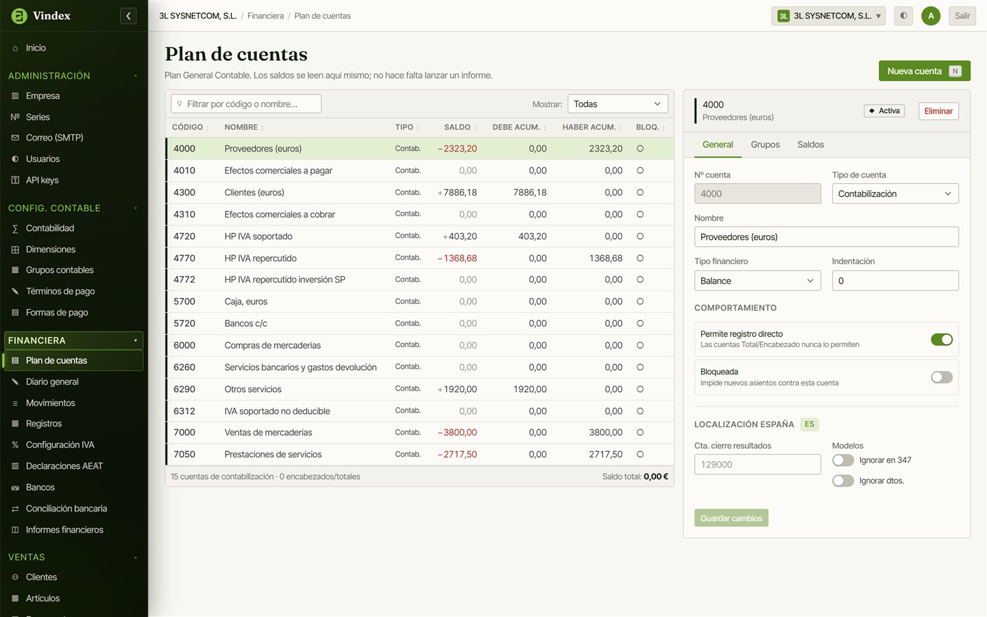 Plan de cuentas de Vindex conforme al Plan General Contable